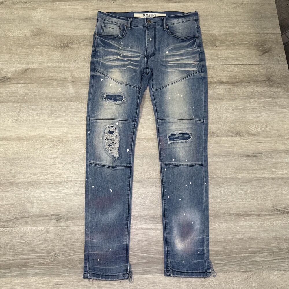 Rebel R3bêl Denim Jeans Men's Blue Distressed Paint Splatter Slim Fit 32x31